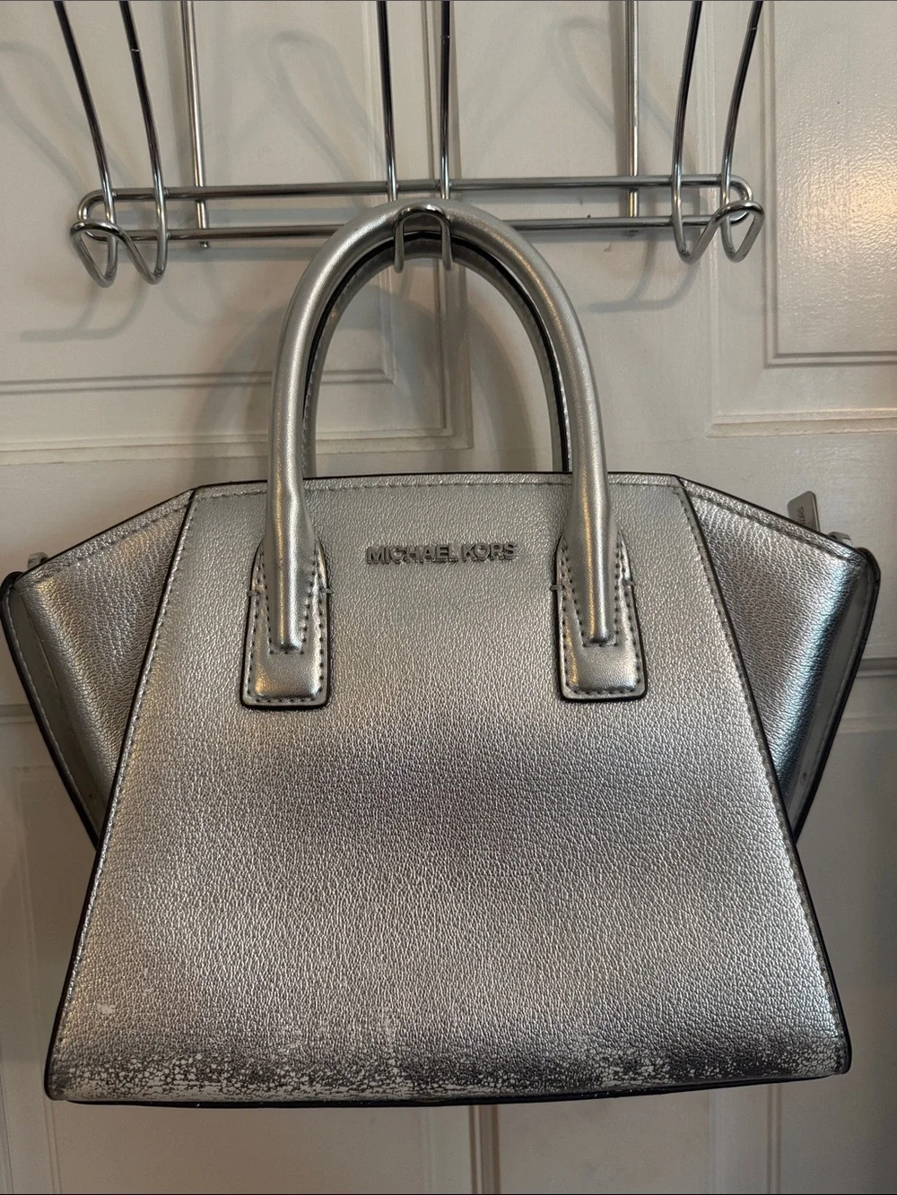Michael Kors Metallic Silver Leather Satchel with Top Handles